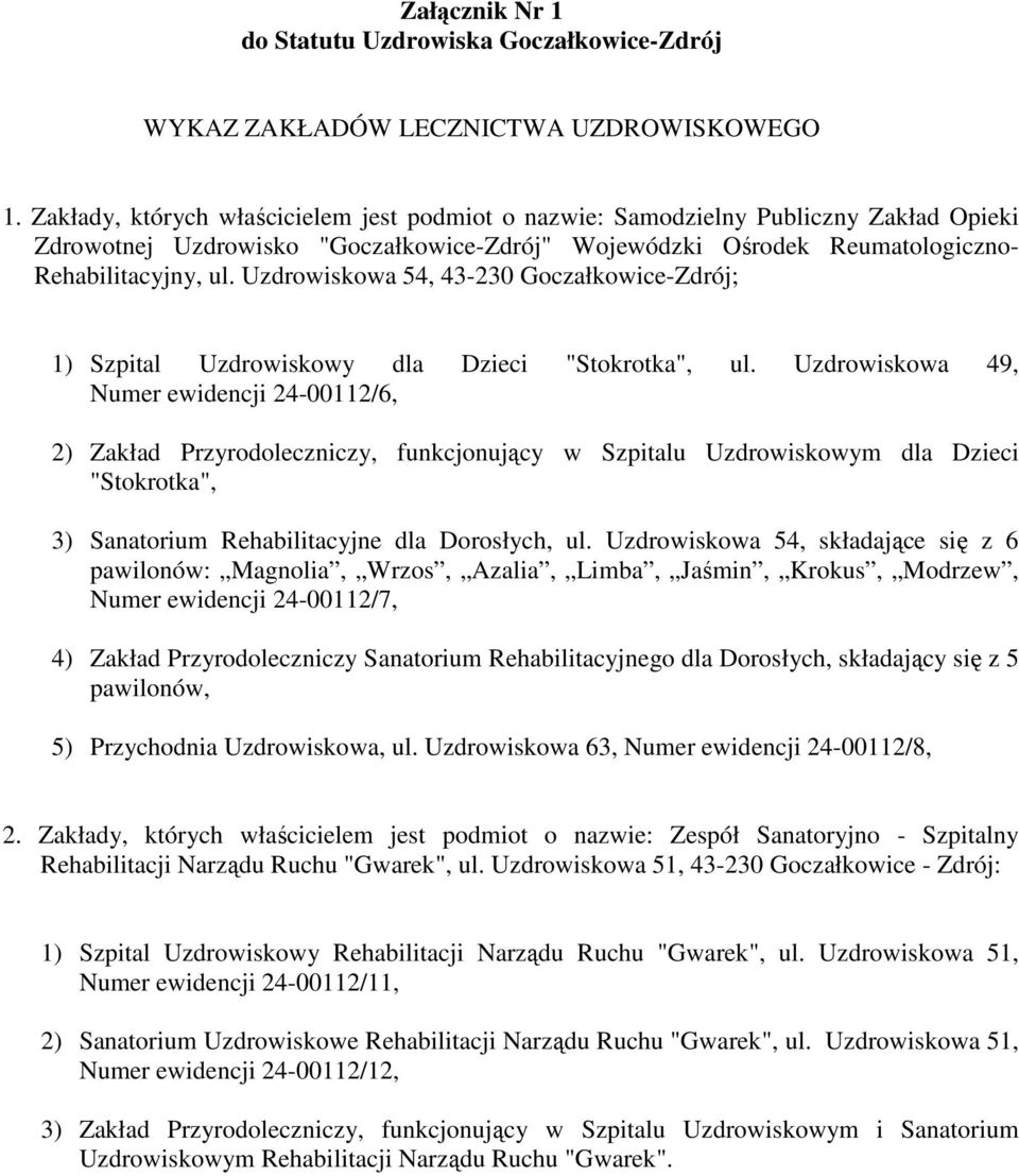 Uzdrowiskowa 54, 43-230 Goczałkowice-Zdrój; 1) Szpital Uzdrowiskowy dla Dzieci "Stokrotka", ul.