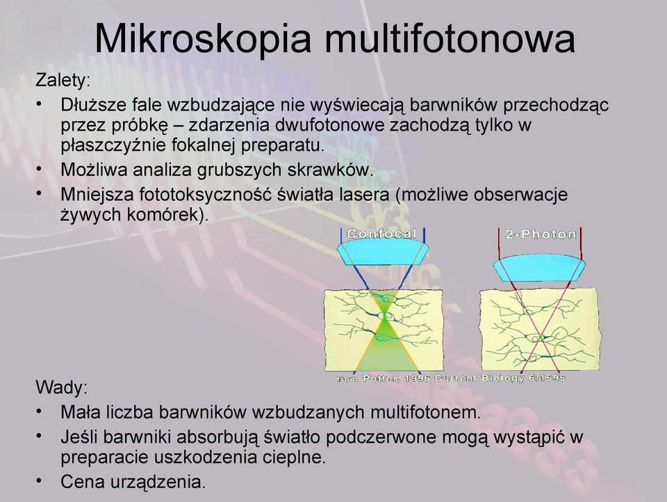 Mniejsza fototoksyczność światła lasera (możliwe obserwacje żywych komórek).