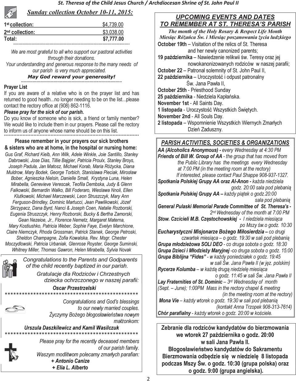 Prayer List If you are aware of a relative who is on the prayer list and has returned to good health...no longer needing to be on the list...please contact the rectory office at (908) 862-1116.