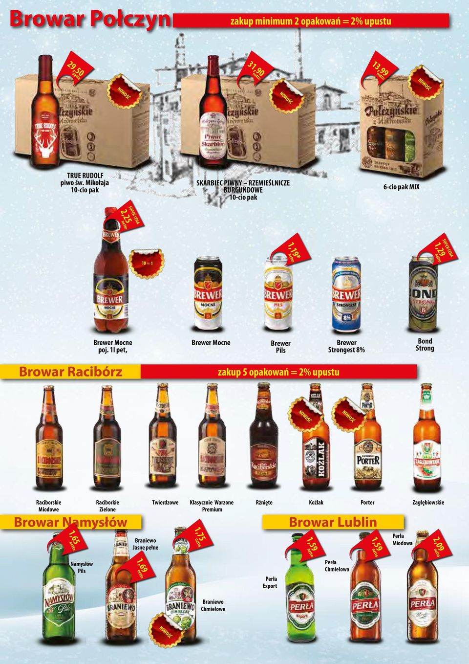 1l pet, Browar Racibórz Brewer Mocne Brewer Pils zakup 5 opakowań = 2% upustu Brewer Strongest 8% Bond Strong Raciborskie Miodowe Namysłów Pils