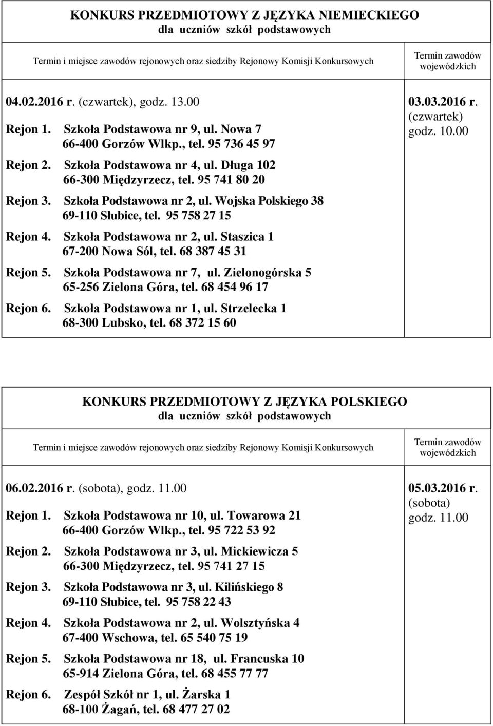 68 387 45 31 Rejon 5. Szkoła Podstawowa nr 7, ul. Zielonogórska 5 65-256 Zielona Góra, tel. 68 454 96 17 Rejon 6. Szkoła Podstawowa nr 1, ul. Strzelecka 1 68-300 Lubsko, tel. 68 372 15 60 03.03.2016 r.