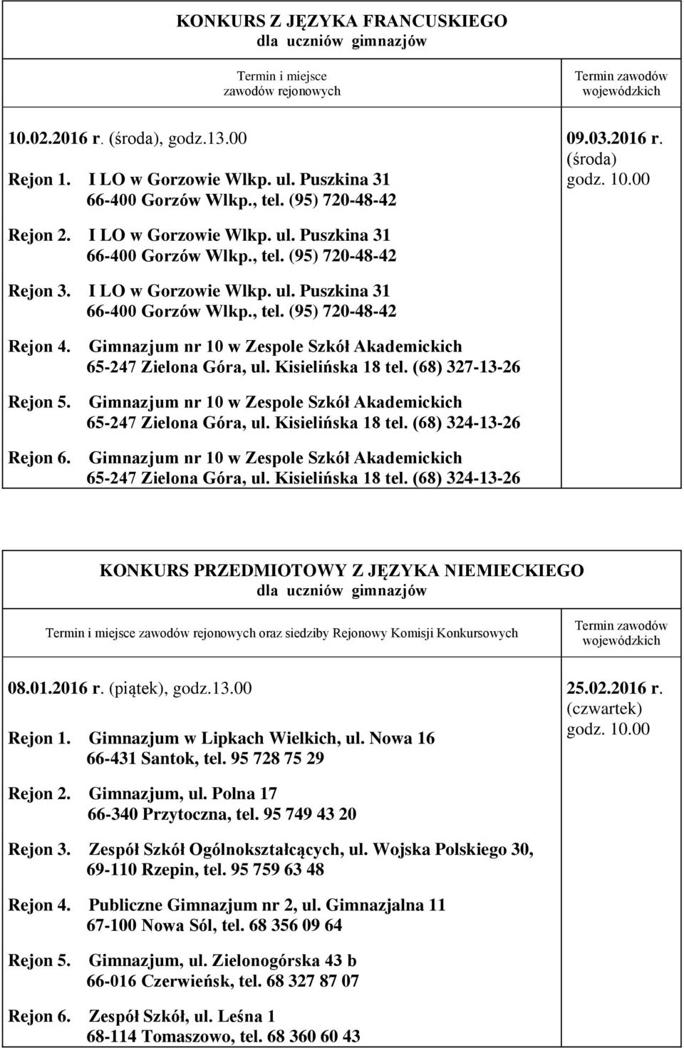 Gimnazjum nr 10 w Zespole Szkół Akademickich 65-247 Zielona Góra, ul. Kisielińska 18 tel. (68) 327-13-26 Rejon 5. Rejon 6. Gimnazjum nr 10 w Zespole Szkół Akademickich 65-247 Zielona Góra, ul.