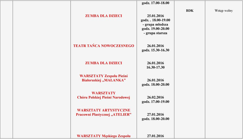 30-17.30 WARSZTATY Zespołu Pieśni Białoruskiej MAŁANKA 26.01.2016 godz. 18.00-20.