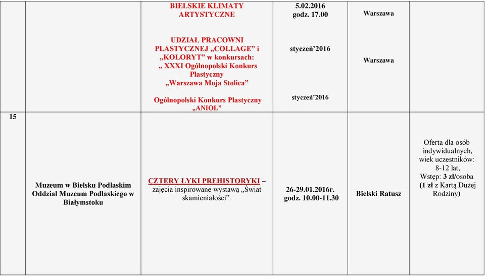 2016 Warszawa 15 Ogólnopolski Konkurs Plastyczny ANIOŁ styczeń 2016 Muzeum w Bielsku Podlaskim Oddział Muzeum Podlaskiego w Białymstoku