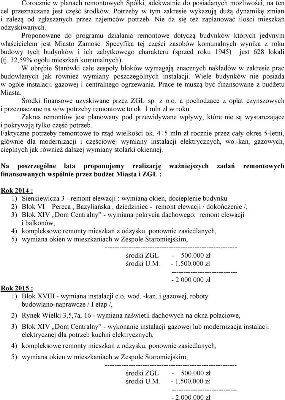 Proponowane do programu działania remontowe dotyczą budynków których jedynym właścicielem jest Miasto Zamość.