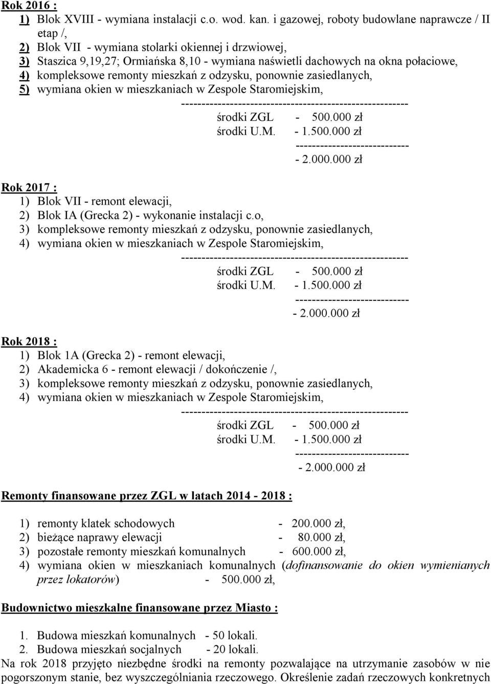 kompleksowe remonty mieszkań z odzysku, ponownie zasiedlanych, 5) wymiana okien w mieszkaniach w Zespole Staromiejskim, -------------------------------------------------------- środki ZGL - 500.