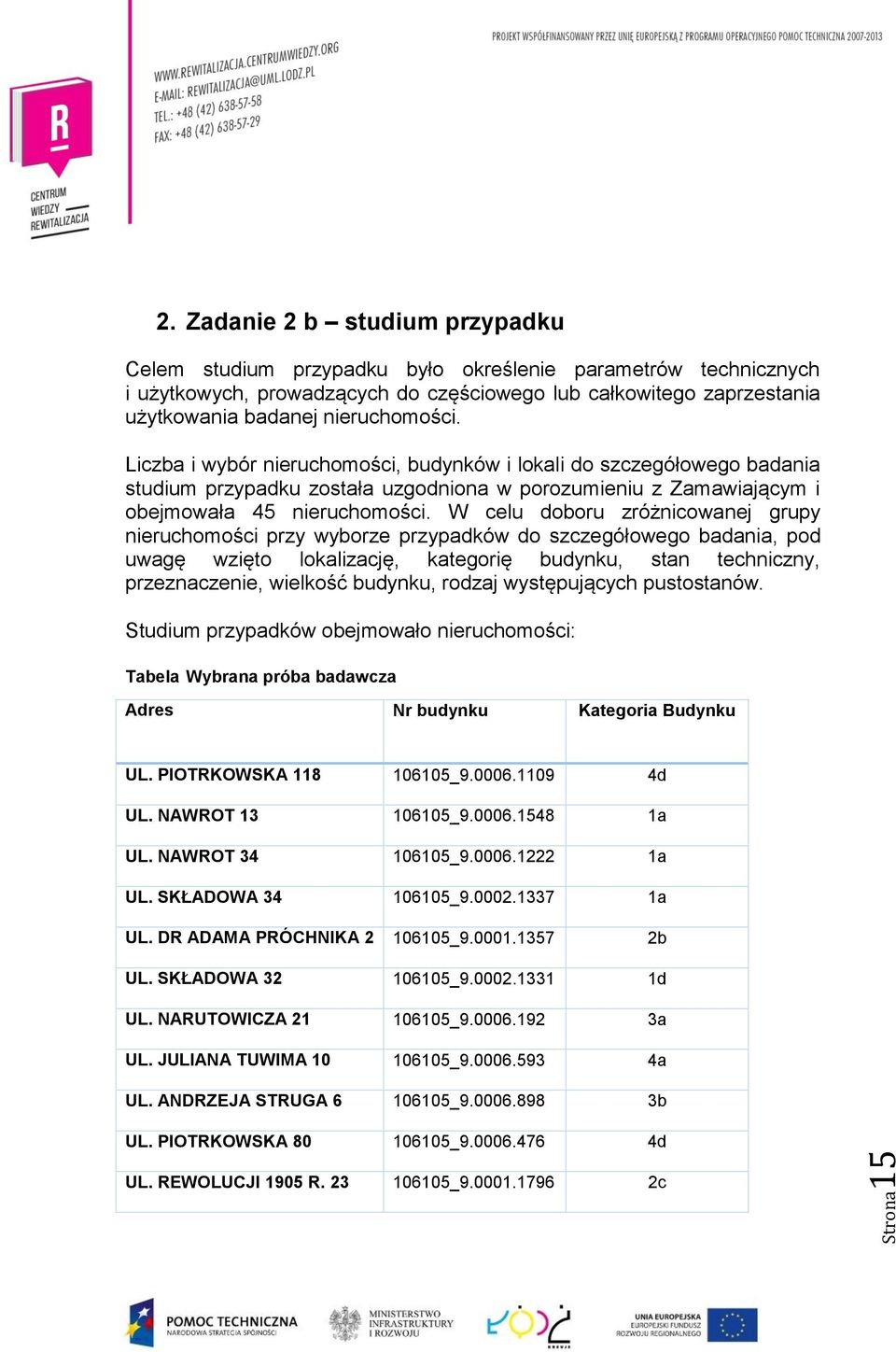 Liczba i wybór nieruchomości, budynków i lokali do szczegółowego badania studium przypadku została uzgodniona w porozumieniu z Zamawiającym i obejmowała 45 nieruchomości.