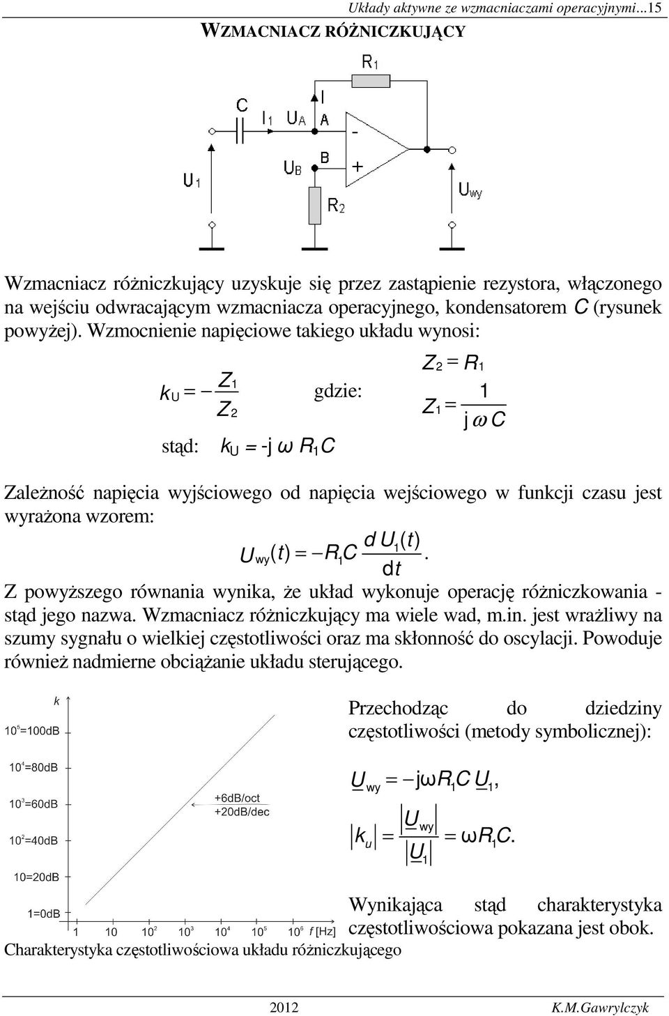 Wzmocnienie napięciowe takiego układu wynosi: k Z Z gdzie: stąd: k -j ω C Z Z j ω C ZaleŜność napięcia wyjściowego od napięcia wejściowego w funkcji czasu jest wyraŝona wzorem: d ( t) wy( t ) C.