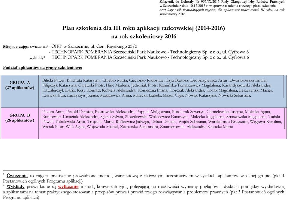 (2014-2016) na rok szkoleniowy 2016 Miejsce zajęć: ćwiczenia 1 - OIRP w Szczecinie, ul. Gen. Rayskiego 23/3 - TECHNOPARK POMERANIA Szczeciński Park Naukowo - Technologiczny Sp. z o.o., ul. Cyfrowa 6 wykłady 2 - TECHNOPARK POMERANIA Szczeciński Park Naukowo - Technologiczny Sp.