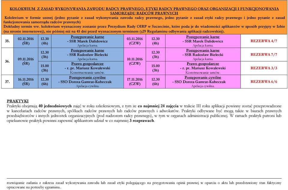 kolokwium wyznaczony zostanie przez Prezydium Rady OIRP w Szczecinie, które poda je do wiadomości aplikantów w sposób przyjęty w Izbie (na stronie internetowej), nie później niż na 45 dni przed