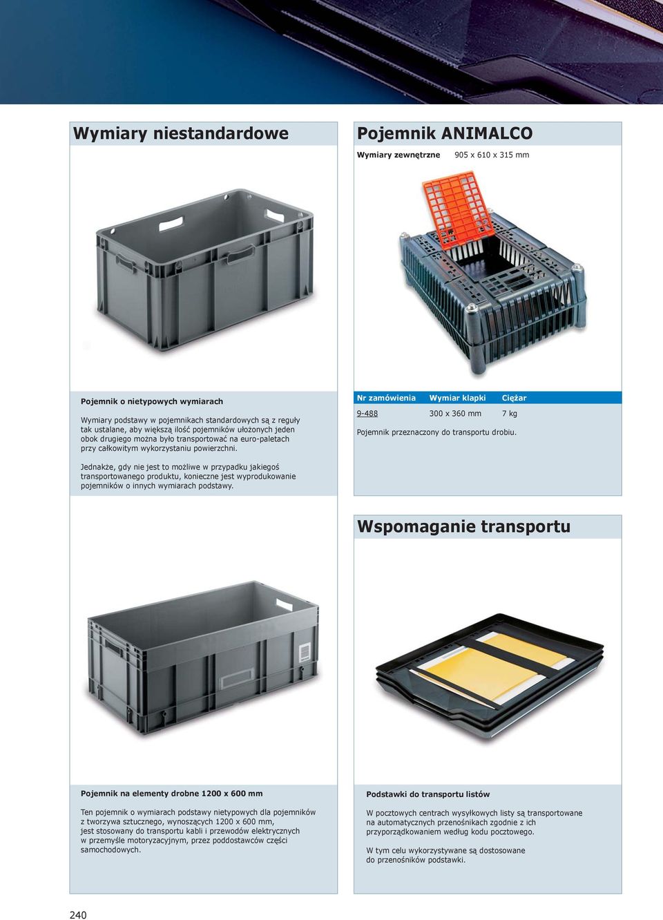 Nr zamówienia Wymiar klapki Ciężar 9-488 300 x 360 mm 7 kg Pojemnik przeznaczony do transportu drobiu.