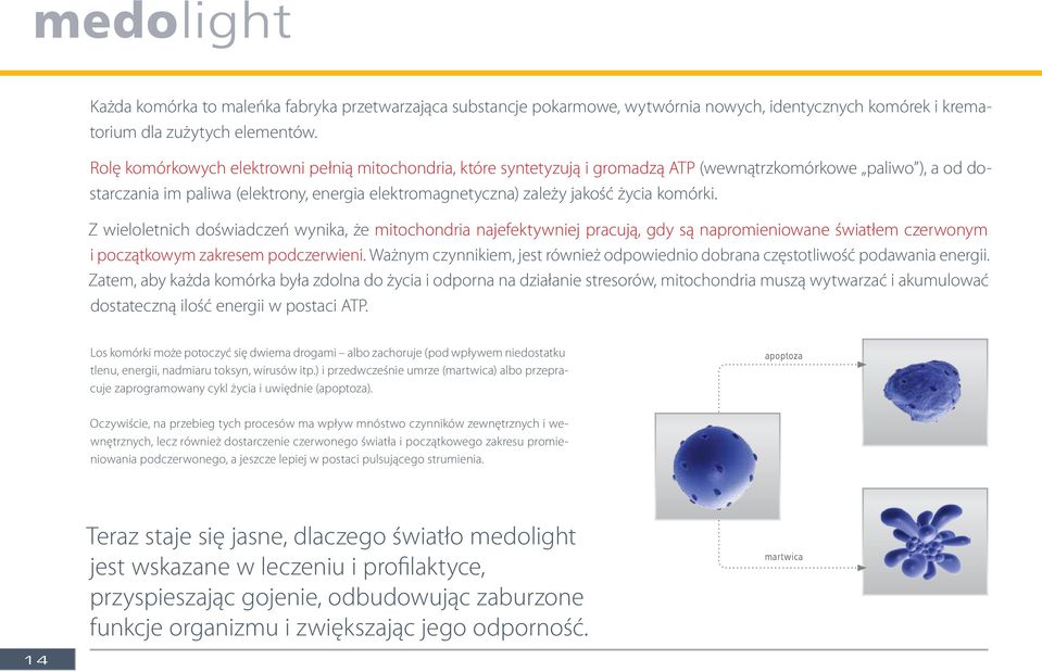 komórki. Z wieloletnich doświadczeń wynika, że mitochondria najefektywniej pracują, gdy są napromieniowane światłem czerwonym i początkowym zakresem podczerwieni.