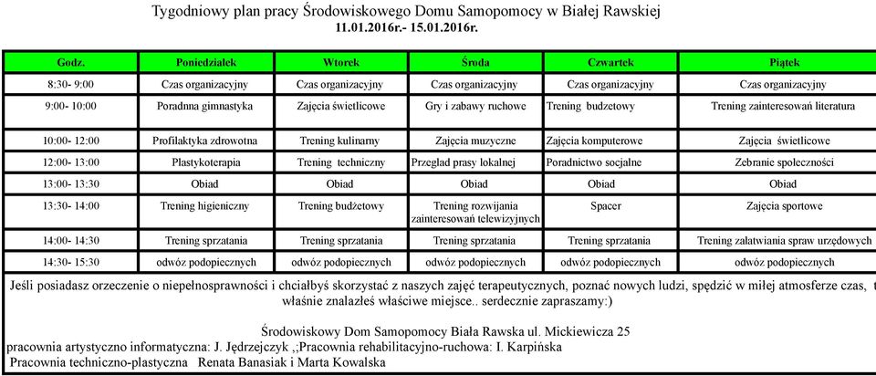 9:00-10:00 Poradnna gimnastyka Zajęcia świetlicowe Gry i zabawy ruchowe Trening budzetowy Trening zainteresowań literatura 10:00-12:00 Profilaktyka