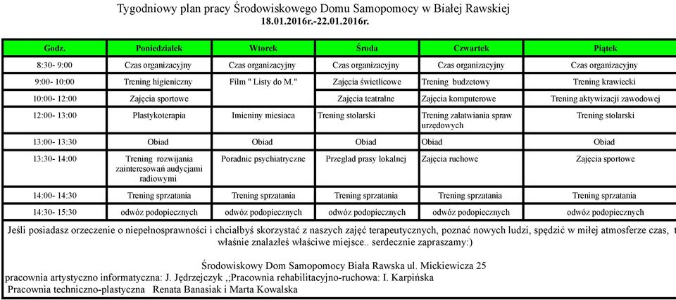 zawodowej 12:00-13:00 Plastykoterapia Imieniny miesiaca Trening stolarski Trening załatwiania spraw urzędowych Trening stolarski 13:30-14:00 Trening
