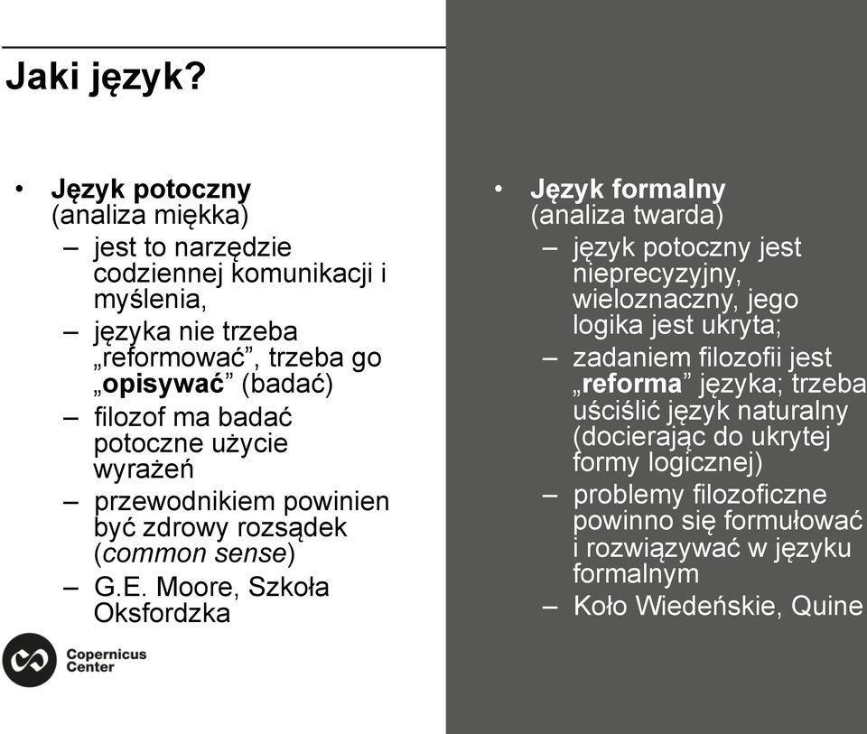 ma badać potoczne użycie wyrażeń przewodnikiem powinien być zdrowy rozsądek (common sense) G.E.