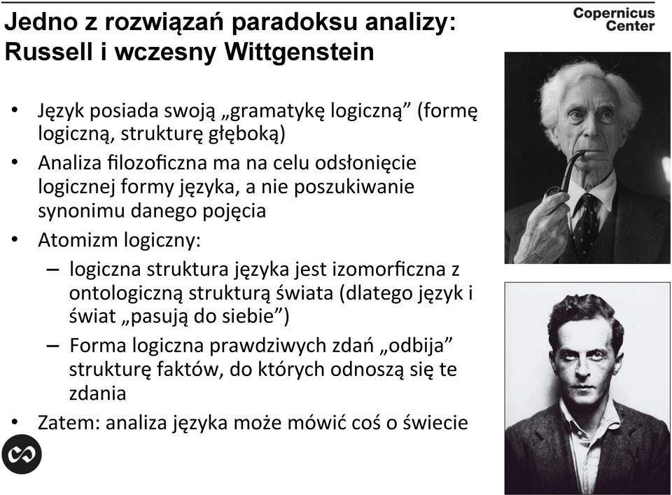 Atomizm logiczny: logiczna struktura języka jest izomorficzna z ontologiczną strukturą świata (dlatego język i świat pasują do