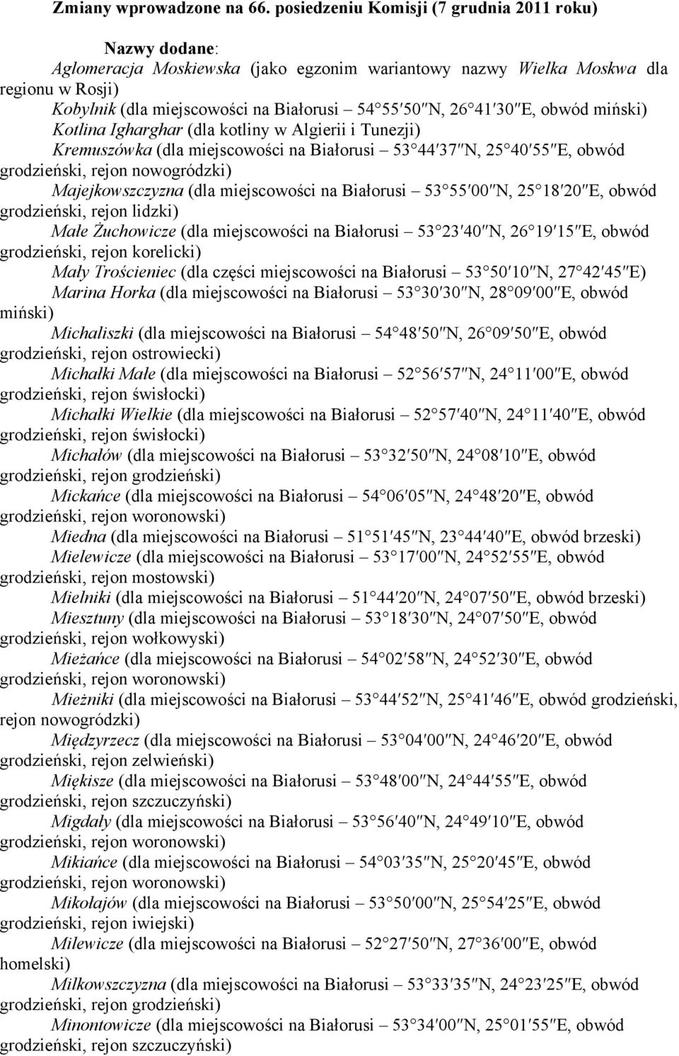 41 30 E, obwód miński) Kotlina Igharghar (dla kotliny w Algierii i Tunezji) Kremuszówka (dla miejscowości na Białorusi 53 44 37 N, 25 40 55 E, obwód grodzieński, rejon nowogródzki) Majejkowszczyzna