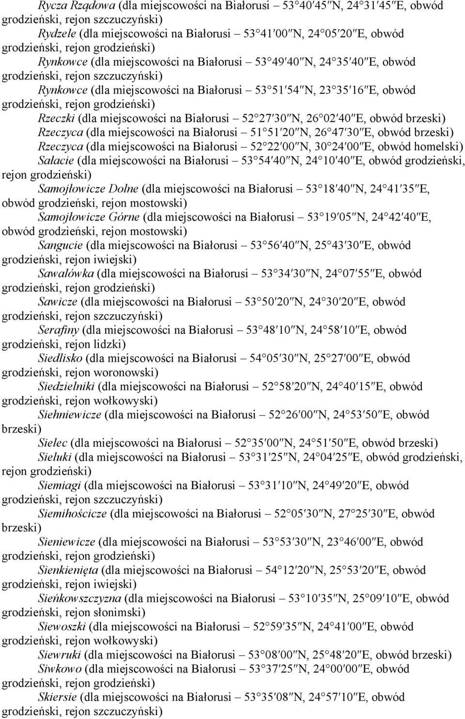 20 N, 26 47 30 E, obwód Rzeczyca (dla miejscowości na Białorusi 52 22 00 N, 30 24 00 E, obwód homelski) Sałacie (dla miejscowości na Białorusi 53 54 40 N, 24 10 40 E, obwód grodzieński, rejon