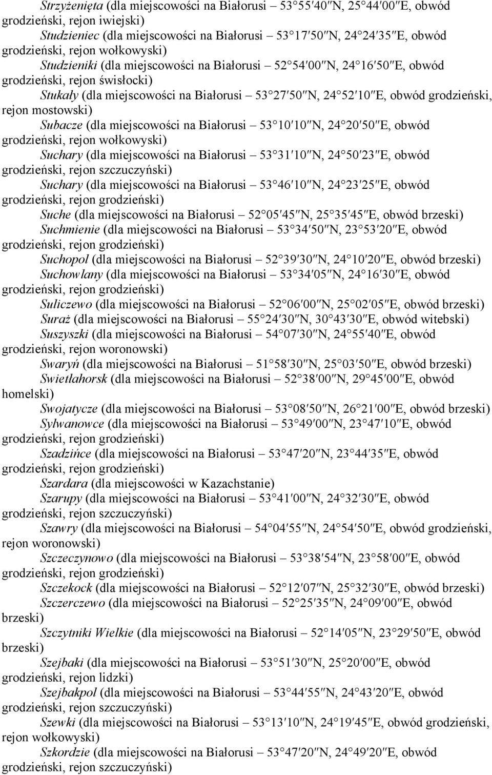 (dla miejscowości na Białorusi 53 31 10 N, 24 50 23 E, obwód Suchary (dla miejscowości na Białorusi 53 46 10 N, 24 23 25 E, obwód Suche (dla miejscowości na Białorusi 52 05 45 N, 25 35 45 E, obwód