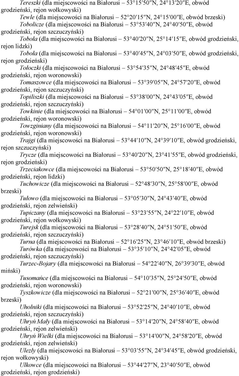 grodzieński) Tołoczki (dla miejscowości na Białorusi 53 54 35 N, 24 48 45 E, obwód Tomaszowce (dla miejscowości na Białorusi 53 39 05 N, 24 57 20 E, obwód Topiliszki (dla miejscowości na Białorusi 53