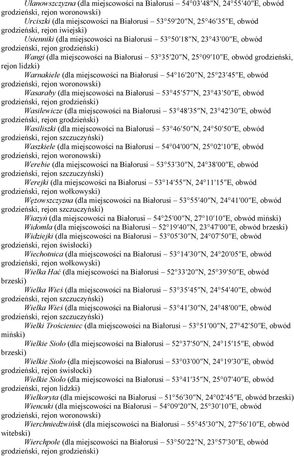 miejscowości na Białorusi 53 45 57 N, 23 43 50 E, obwód Wasilewicze (dla miejscowości na Białorusi 53 48 35 N, 23 42 30 E, obwód Wasiliszki (dla miejscowości na Białorusi 53 46 50 N, 24 50 50 E,