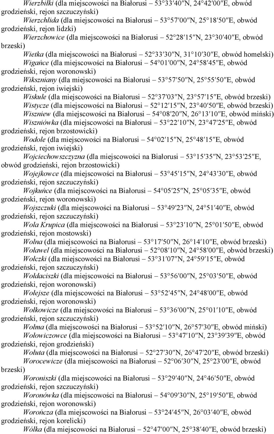 Białorusi 53 57 50 N, 25 55 50 E, obwód Wiskule (dla miejscowości na Białorusi 52 37 03 N, 23 57 15 E, obwód Wistycze (dla miejscowości na Białorusi 52 12 15 N, 23 40 50 E, obwód Wiszniew (dla