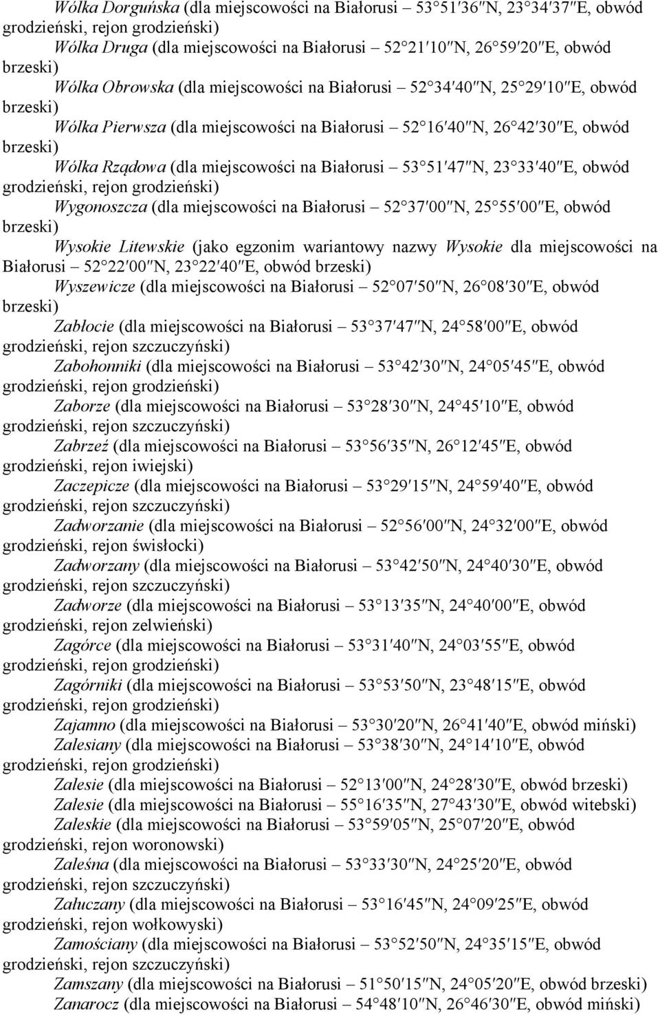 miejscowości na Białorusi 52 37 00 N, 25 55 00 E, obwód Wysokie Litewskie (jako egzonim wariantowy nazwy Wysokie dla miejscowości na Białorusi 52 22 00 N, 23 22 40 E, obwód Wyszewicze (dla