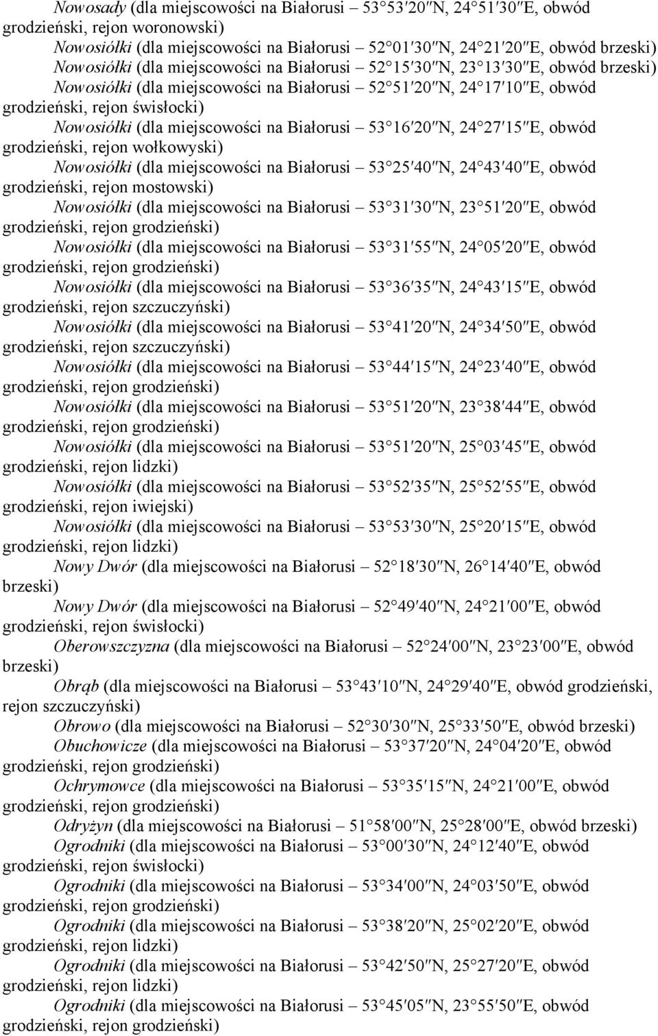 Białorusi 53 25 40 N, 24 43 40 E, obwód Nowosiółki (dla miejscowości na Białorusi 53 31 30 N, 23 51 20 E, obwód Nowosiółki (dla miejscowości na Białorusi 53 31 55 N, 24 05 20 E, obwód Nowosiółki (dla
