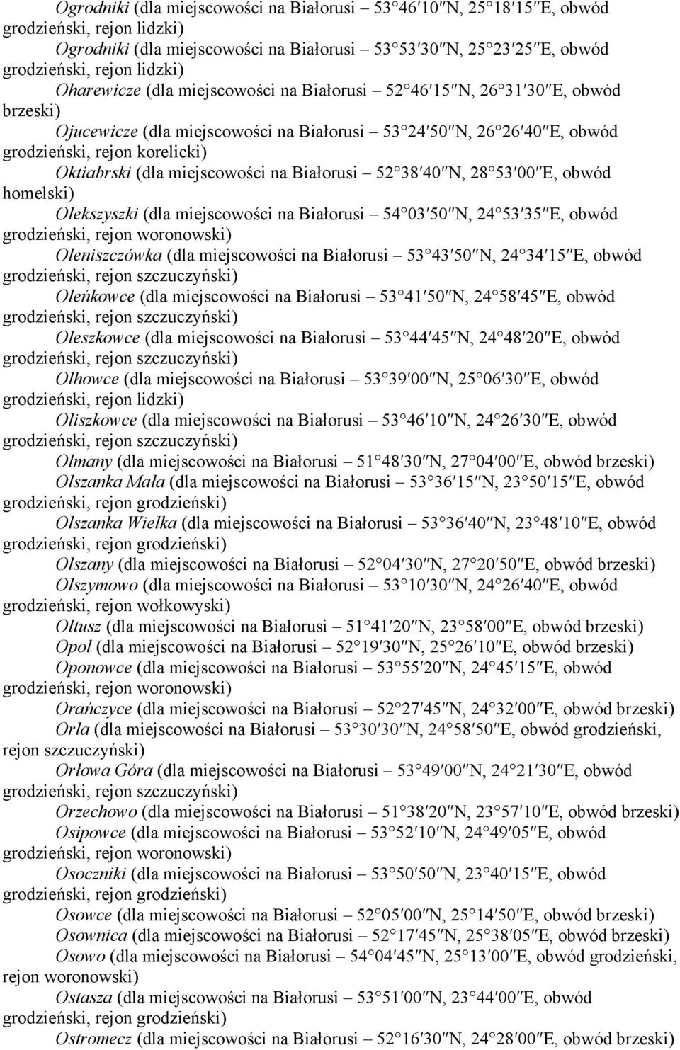 Olekszyszki (dla miejscowości na Białorusi 54 03 50 N, 24 53 35 E, obwód Oleniszczówka (dla miejscowości na Białorusi 53 43 50 N, 24 34 15 E, obwód Oleńkowce (dla miejscowości na Białorusi 53 41 50