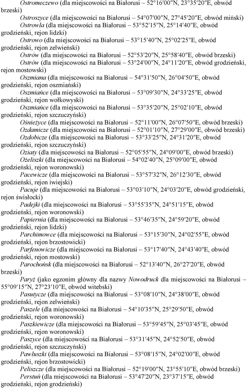 53 24 00 N, 24 11 20 E, obwód grodzieński, rejon mostowski) Oszmiana (dla miejscowości na Białorusi 54 31 50 N, 26 04 50 E, obwód grodzieński, rejon oszmiański) Oszmiańce (dla miejscowości na
