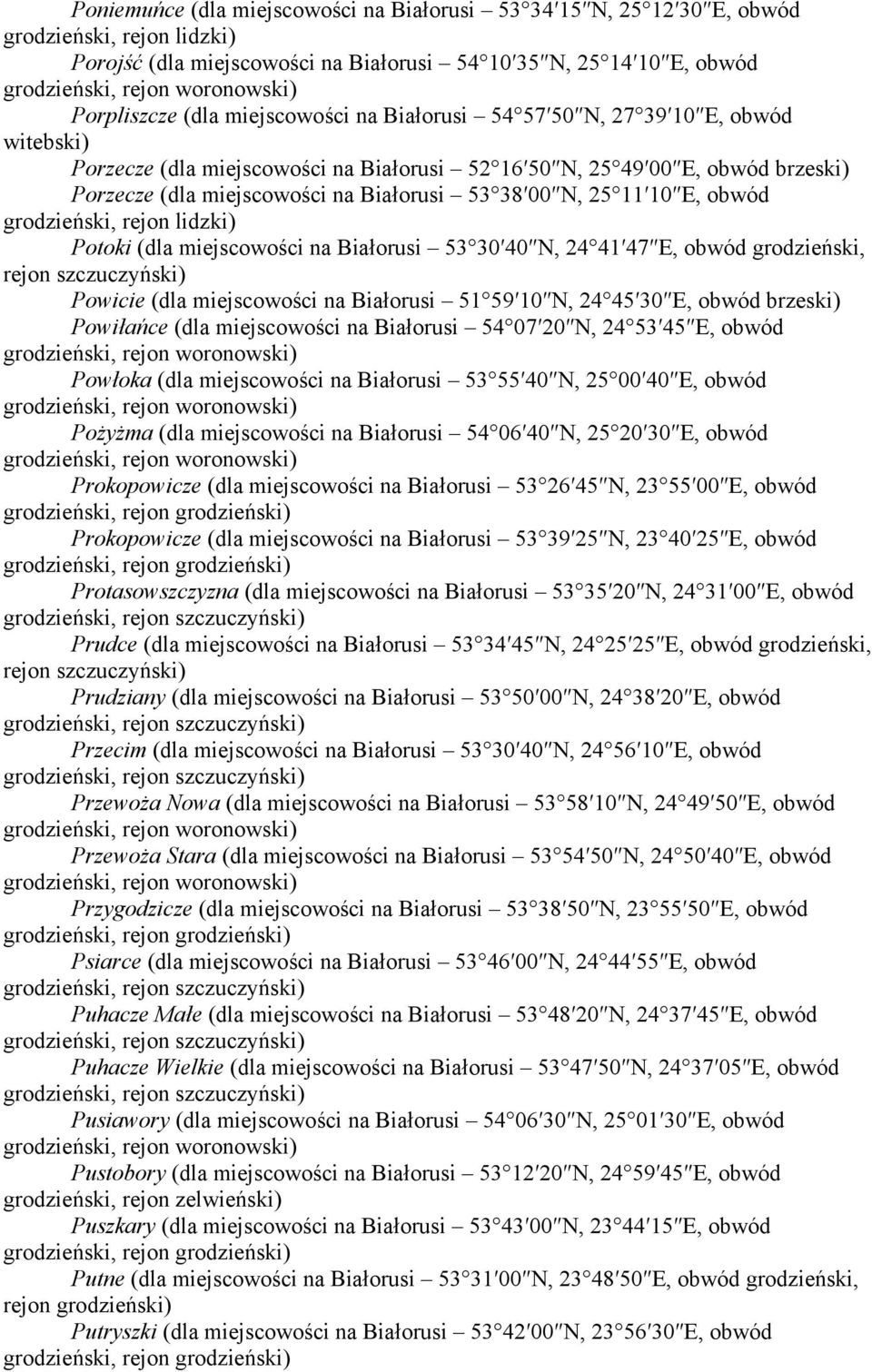 Białorusi 53 30 40 N, 24 41 47 E, obwód grodzieński, Powicie (dla miejscowości na Białorusi 51 59 10 N, 24 45 30 E, obwód Powiłańce (dla miejscowości na Białorusi 54 07 20 N, 24 53 45 E, obwód