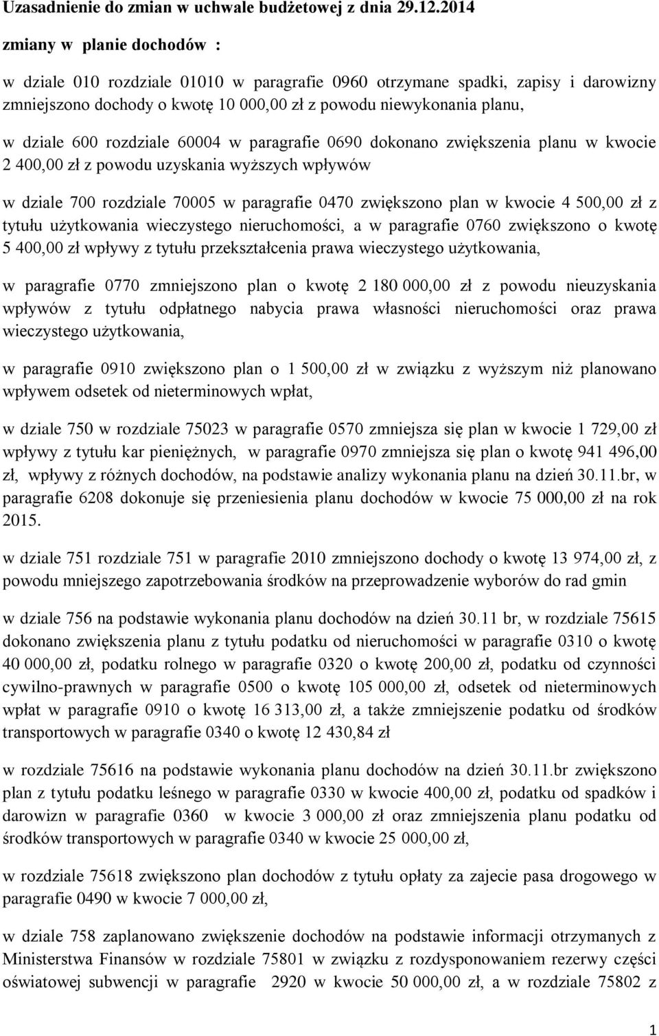 rozdziale 60004 w paragrafie 0690 dokonano zwiększenia planu w kwocie 2 400,00 zł z powodu uzyskania wyższych wpływów w dziale 700 rozdziale 70005 w paragrafie 0470 zwiększono plan w kwocie 4 500,00