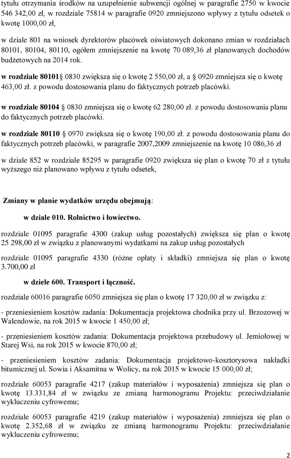 w rozdziale 80101 0830 zwiększa się o kwotę 2 550,00 zł, a 0920 zmniejsza się o kwotę 463,00 zł. z powodu dostosowania planu do faktycznych potrzeb placówki.