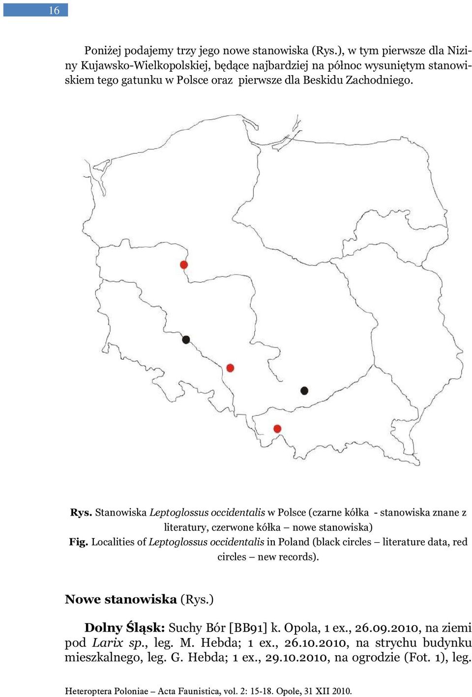 Stanowiska Leptoglossus occidentalis w Polsce (czarne kółka - stanowiska znane z literatury, czerwone kółka nowe stanowiska) Fig.