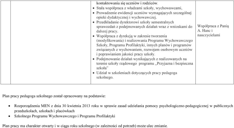 Współpraca z dyrekcją w zakresie tworzenia (modyfikowania) i realizowania Programu Wychowawczego Szkoły, Programu Profilaktyki, innych planów i programów związanych z wychowaniem, rozwojem osobowym