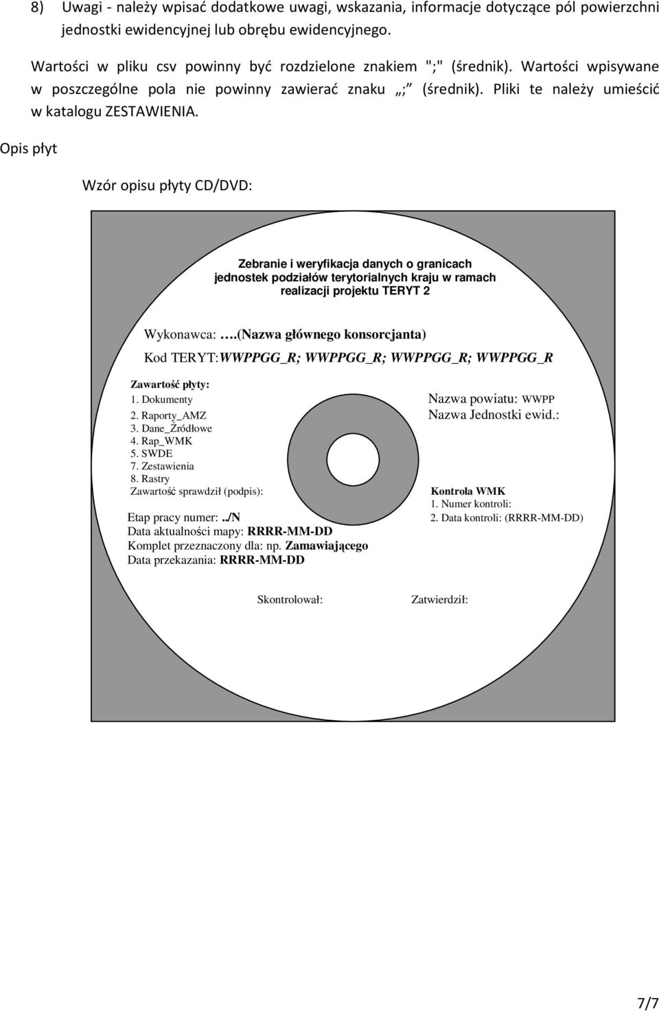 Opis płyt Wzór opisu płyty CD/DVD: Zebranie i weryfikacja danych o granicach jednostek podziałów terytorialnych kraju w ramach realizacji projektu TERYT 2 Wykonawca:.