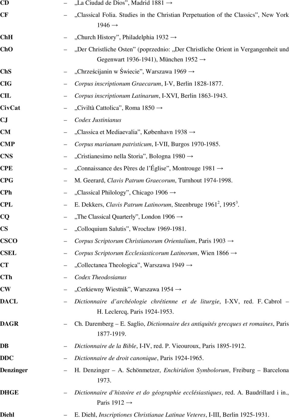 1936-1941), München 1952 ChS Chrześcijanin w Świecie, Warszawa 1969 CIG Corpus inscriptionum Graecarum, I-V, Berlin 1828-1877. CIL Corpus inscriptionum Latinarum, I-XVI, Berlin 1863-1943.