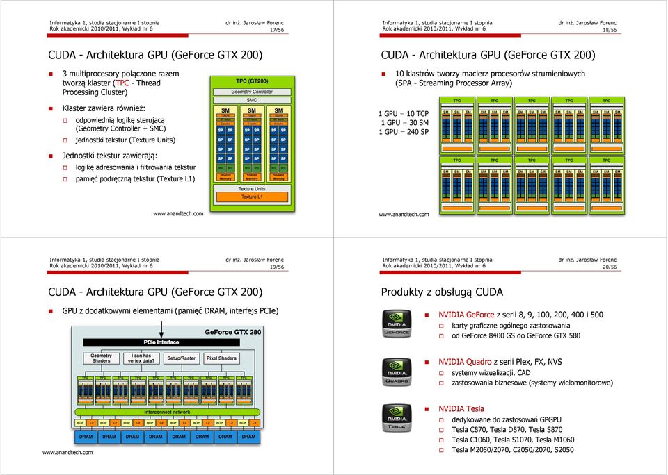 (Geometry Controller + SMC) jednostki tekstur (Texture Units) Jednostki tekstur zawierają: logikę adresowania i filtrowania tekstur pamięć podręczną tekstur (Texture L1) 1 GPU = 10 TCP 1 GPU = 30 SM