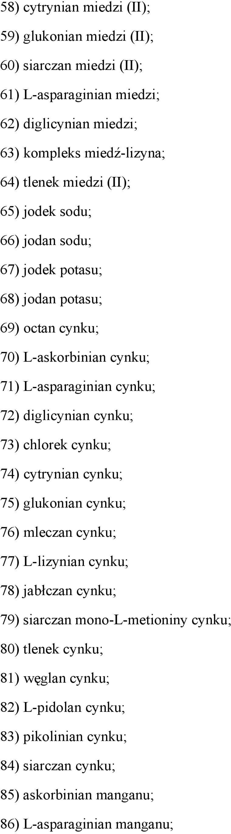 diglicynian cynku; 73) chlorek cynku; 74) cytrynian cynku; 75) glukonian cynku; 76) mleczan cynku; 77) L-lizynian cynku; 78) jabłczan cynku; 79) siarczan