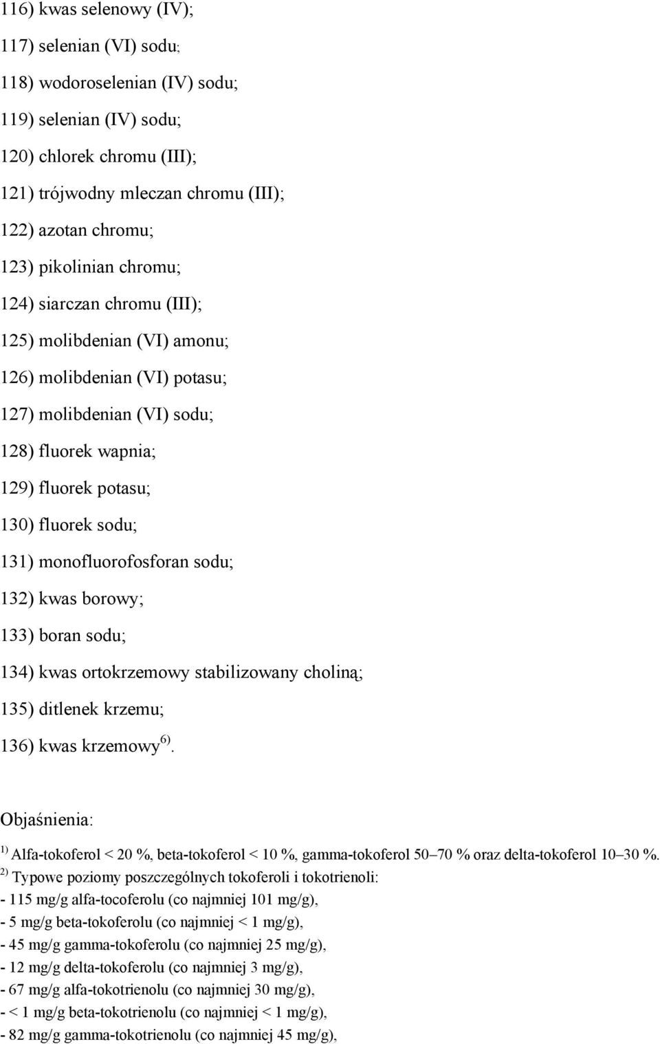 monofluorofosforan sodu; 132) kwas borowy; 133) boran sodu; 134) kwas ortokrzemowy stabilizowany choliną; 135) ditlenek krzemu; 136) kwas krzemowy 6).