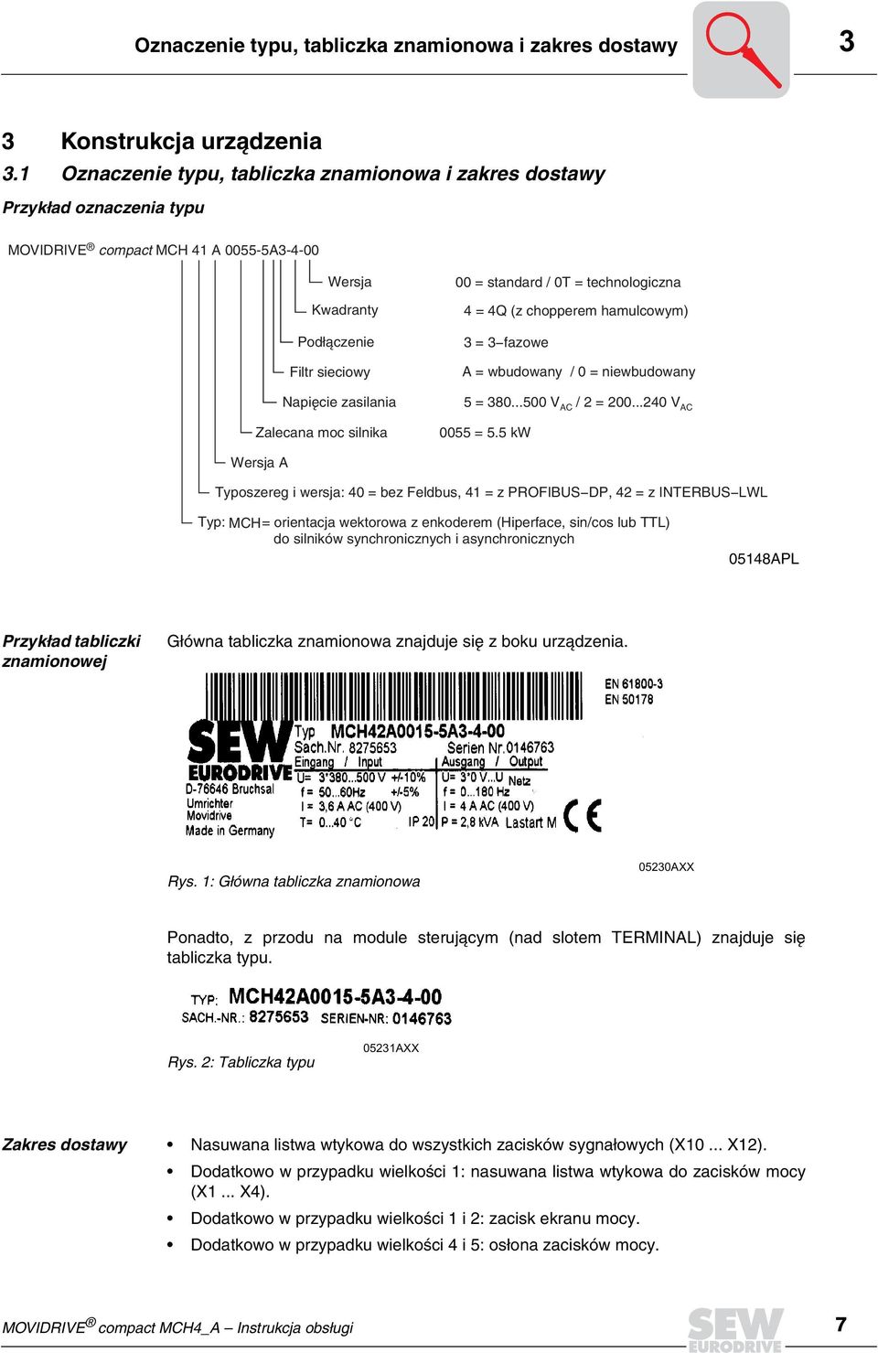 silnika 00 = standard / 0T = technologiczna 4 = 4Q (z chopperem hamulcowym) 3 = 3-fazowe A = wbudowany / 0 = niewbudowany 5 = 380...500 V AC / 2 = 200...240 VAC 0055 = 5.