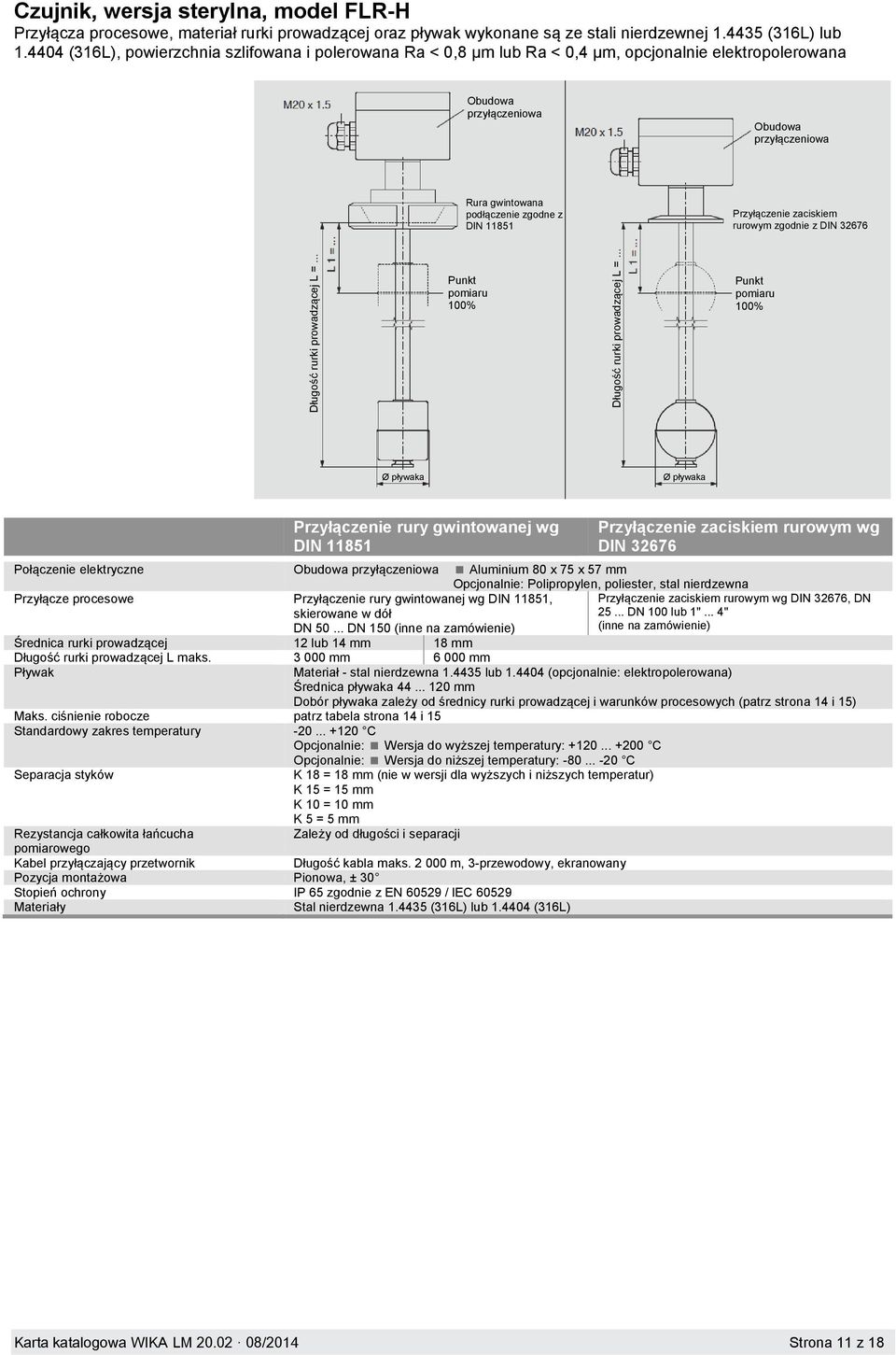 DIN 32676 Przyłączenie rury gwintowanej wg DIN 11851 Przyłączenie zaciskiem rurowym wg DIN 32676 Połączenie elektryczne Aluminium 80 x 75 x 57 mm Opcjonalnie: Polipropylen, poliester, stal nierdzewna