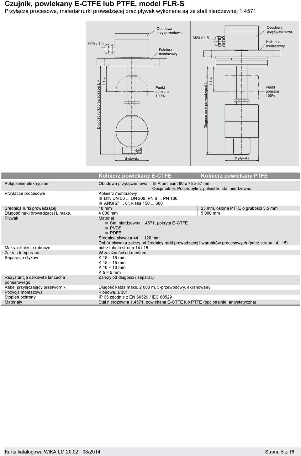 .. DN 200, PN 6... PN 100 ANSI 2"... 8, klasa 150... 600 Średnica rurki prowadzącej 18 mm 25 mm, osłona PTFE o grubości 3,5 mm Długość rurki prowadzącej L maks.