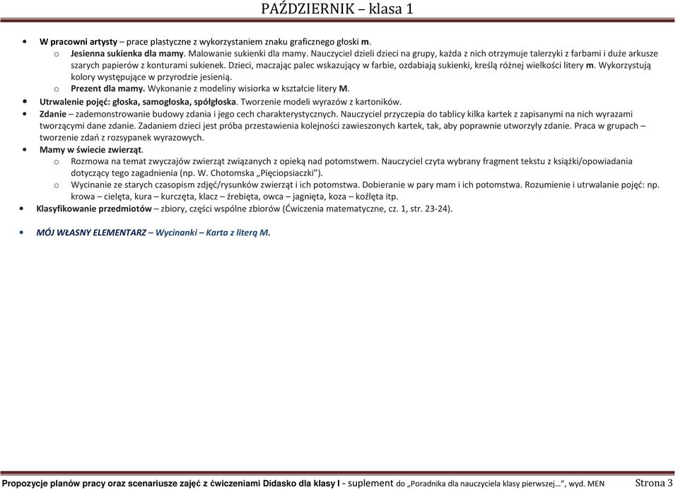 Dzieci, maczając palec wskazujący w farbie, ozdabiają sukienki, kreślą różnej wielkości litery m. Wykorzystują kolory występujące w przyrodzie jesienią. o Prezent dla mamy.