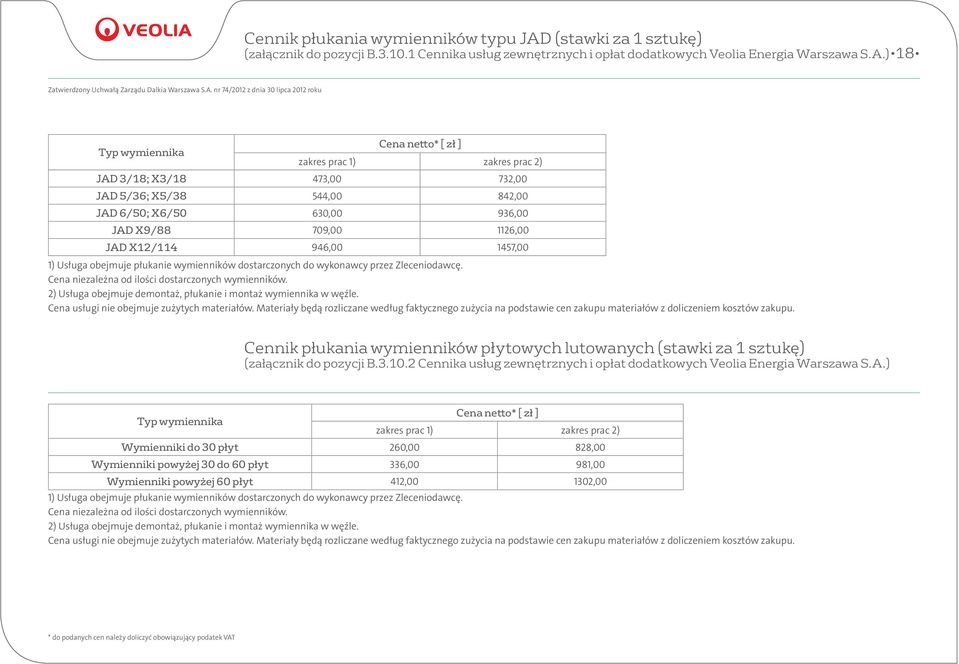 630,00 936,00 JAD X9/88 709,00 1126,00 JAD X12/114 946,00 1457,00 1) Usługa obejmuje płukanie wymienników dostarczonych do wykonawcy przez Zleceniodawcę.