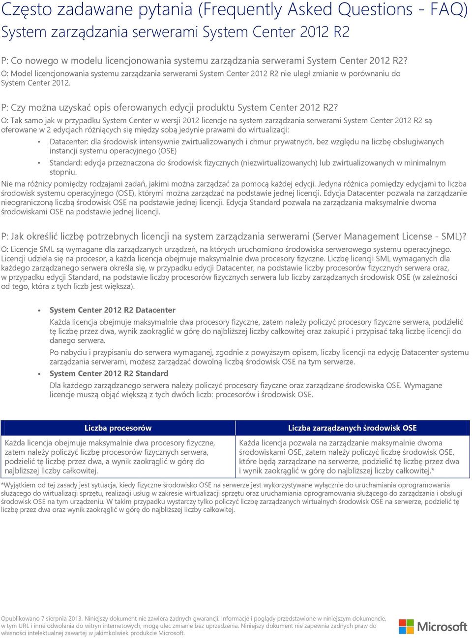 O: Tak samo jak w przypadku System Center w wersji 2012 licencje na system zarządzania serwerami są oferowane w 2 edycjach różniących się między sobą jedynie prawami do wirtualizacji: Datacenter: dla