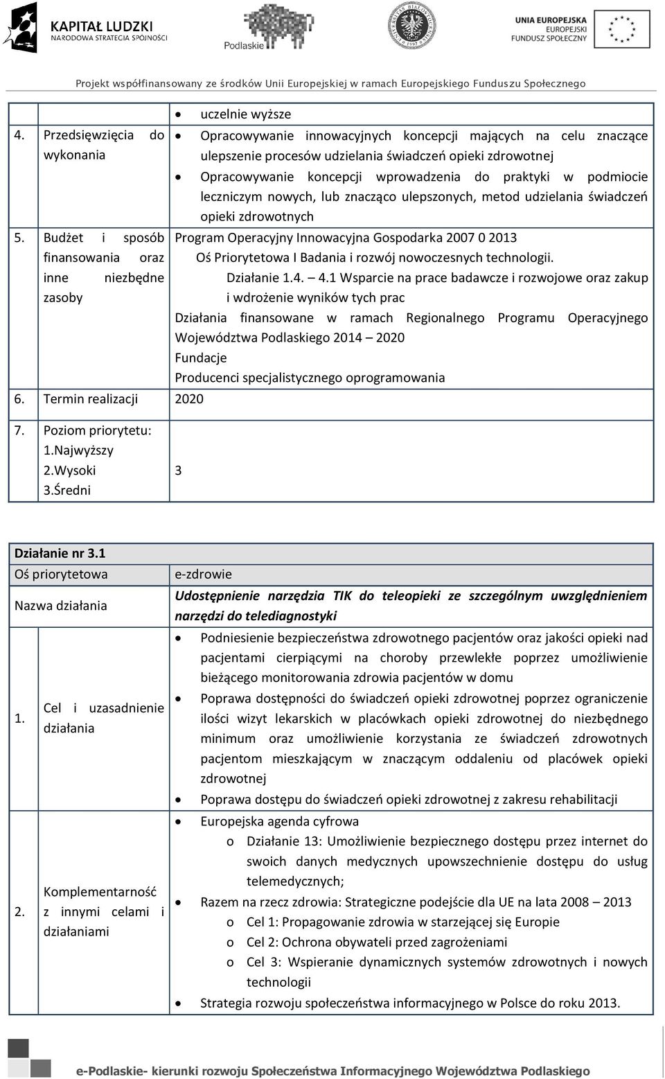 Działanie 1 Wsparcie na prace badawcze i rozwojowe oraz zakup i wdrożenie wyników tych prac Fundacje Producenci specjalistycznego oprogramowania Najwyższy Wysoki 3.Średni 3 Działanie nr 3.