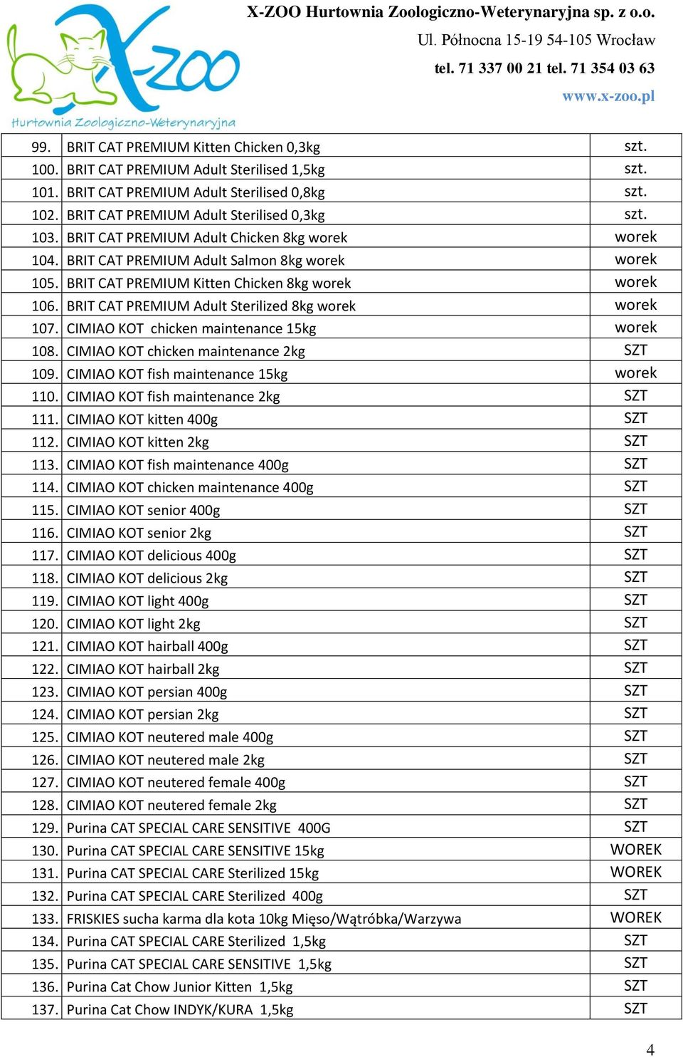 BRIT CAT PREMIUM Adult Sterilized 8kg worek worek 107. CIMIAO KOT chicken maintenance 15kg worek 108. CIMIAO KOT chicken maintenance 2kg SZT 109. CIMIAO KOT fish maintenance 15kg worek 110.