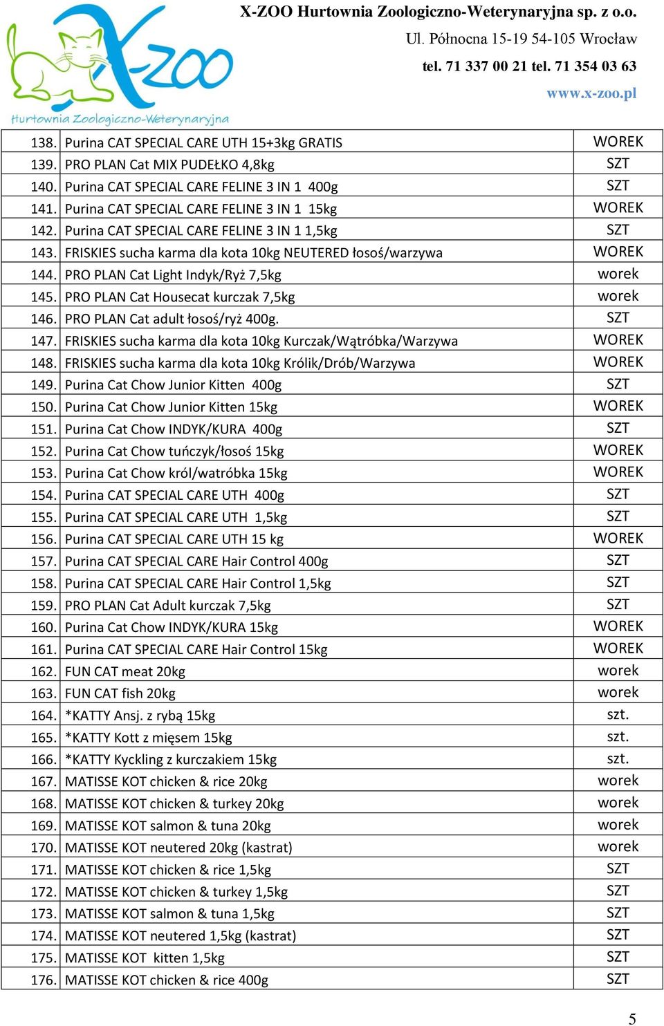 PRO PLAN Cat Light Indyk/Ryż 7,5kg worek 145. PRO PLAN Cat Housecat kurczak 7,5kg worek 146. PRO PLAN Cat adult łosoś/ryż 400g. SZT 147.