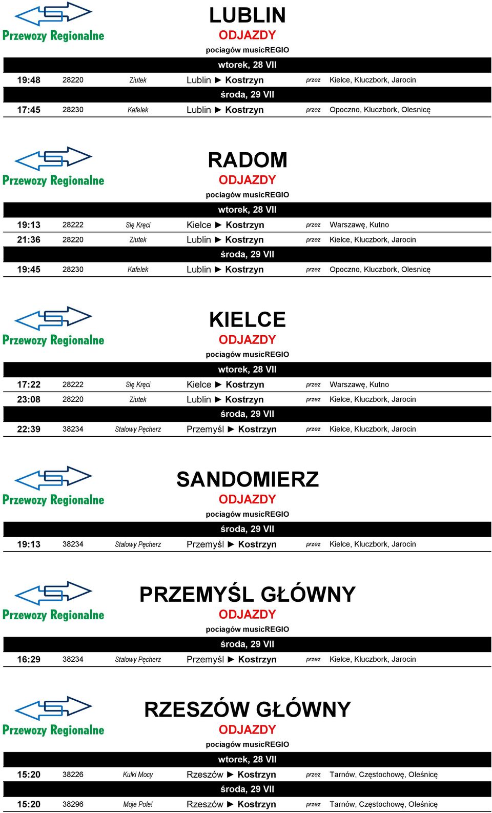 przez Warszawę, Kutno 23:08 28220 Ziutek Lublin Kostrzyn przez Kielce, Kluczbork, Jarocin 22:39 38234 Stalowy Pęcherz Przemyśl Kostrzyn przez Kielce, Kluczbork, Jarocin SANDOMIERZ 19:13 38234 Stalowy